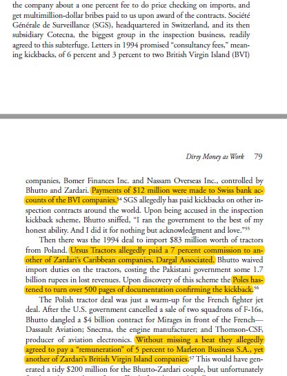 33/N- During BB's 1st stint, she appointed 26k party hacks to state jobs- Zardari used 421million Rps to acquire shares in sugar mills.- Received 40 million Rps kickbacks on Pakistan Steel Mill contracts.- Polish company paid 7% of the commission to Zardari in Tractor's deal