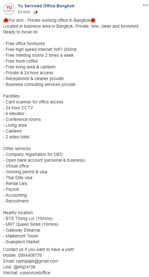 Yuserviced's tweet photo. For rent - Private working office in Bangkok
Located in business area in Bangkok. Private, new, clean and furnished. Ready to move in!
.
Contact us 
Mobile: 0994408778 
Email: raphijiajie@gmail.com
Line: @efq2415k
#bangkok #thailand #servicedoffice #rental #GreatMenAcademy2019 https://t.co/FyPEEXUcvx
