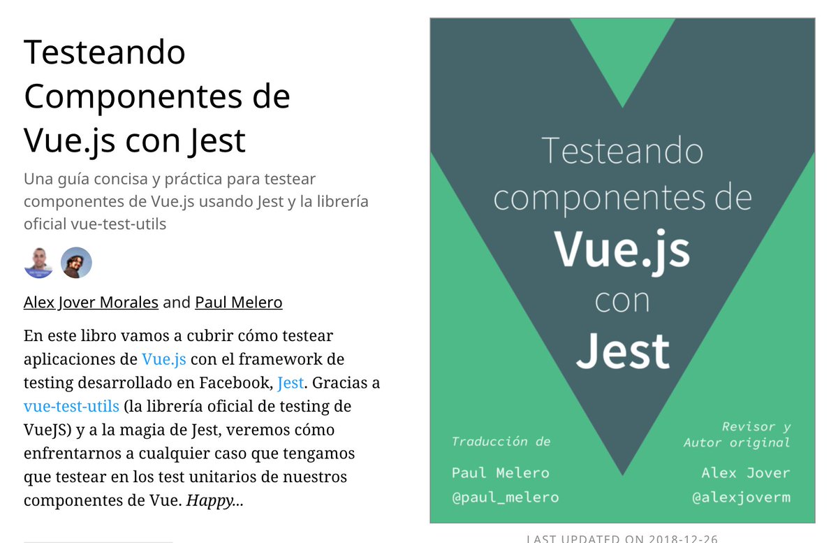 alexjoverm's tweet image. 🔥 El libro *Testeando Componentes de @vuejs con Jest* acaba de ser publicado! 🔥 Actualizado y 100% traducido al español 🇪🇸

No esperes para aprender testing de forma práctica!

Descuento 25% a los 50 primeros =&amp;gt; leanpub.com/testeando-vuej…
Kudos @paul_melero #javascript #testing