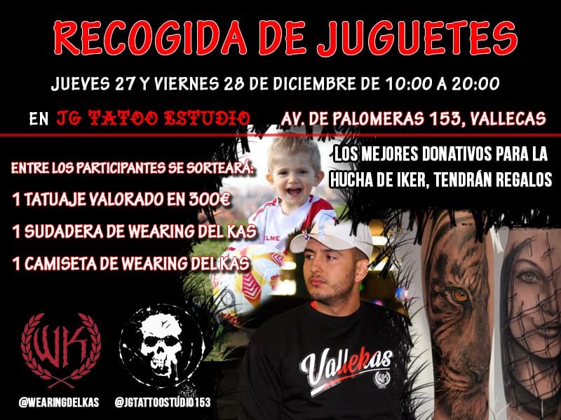 WearingdelKas's tweet photo. Recogida de juguetes los días 27 y 28 de Diciembre (de 10:00 a 20:00) en “JG TATTOO ESTUDIO" (Av. De Palomeras 153). 

Entras en un sorteo de un tatuaje valorado en 300 € (1er premio) una sudadera Wearingdelkas y una camiseta

¡AYUDA, DIFUNDE Y COLABORA! https://t.co/kNXkIQVgoB