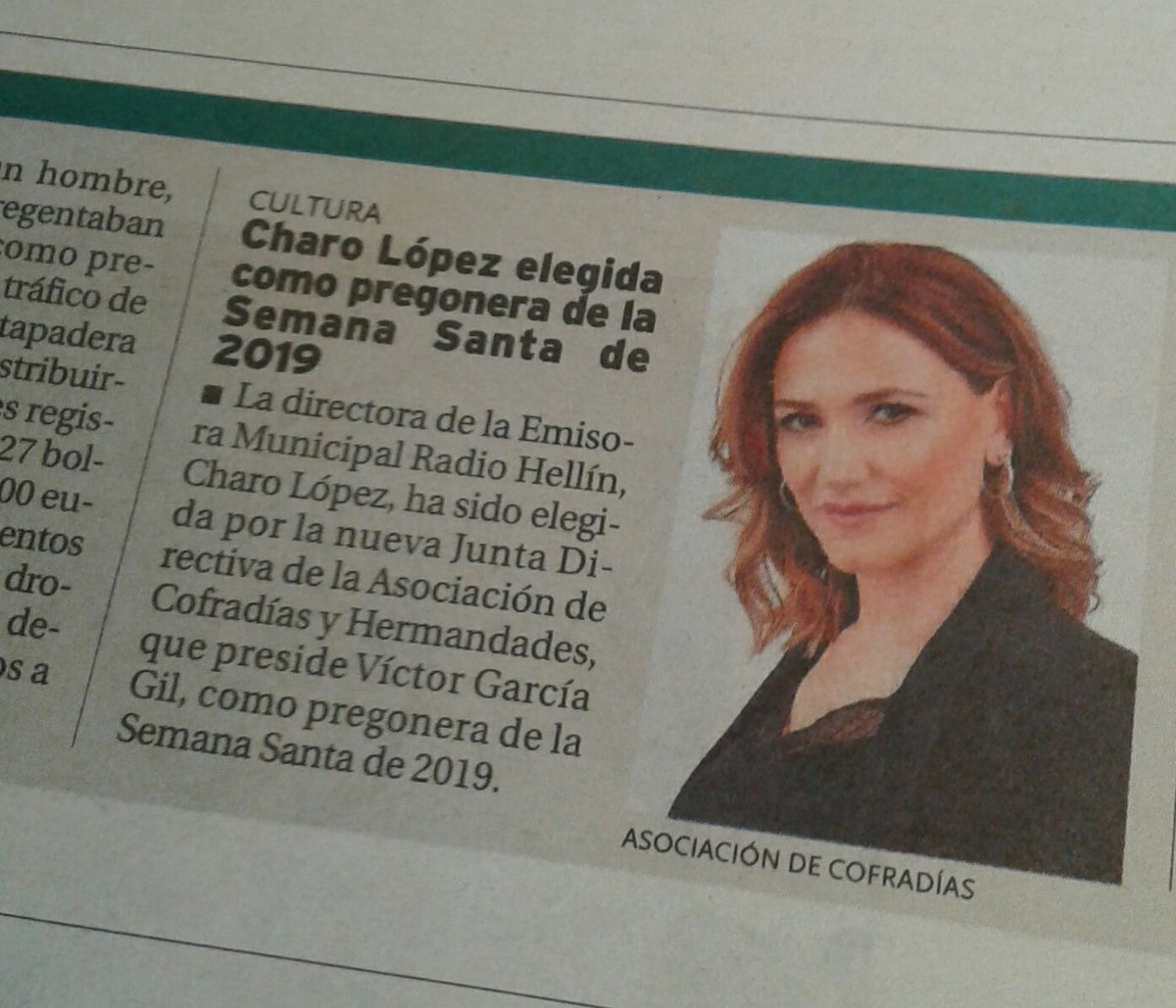 La <a href="/TribunaAlbacete/">Tribuna de Albacete</a> se hace eco de la designación de <a href="/CharoLopezRadio/">Charo López🎙</a> como PREGONERA de la SEMANA SANTA de HELLÍN 2019. 
#CofradíasHellín