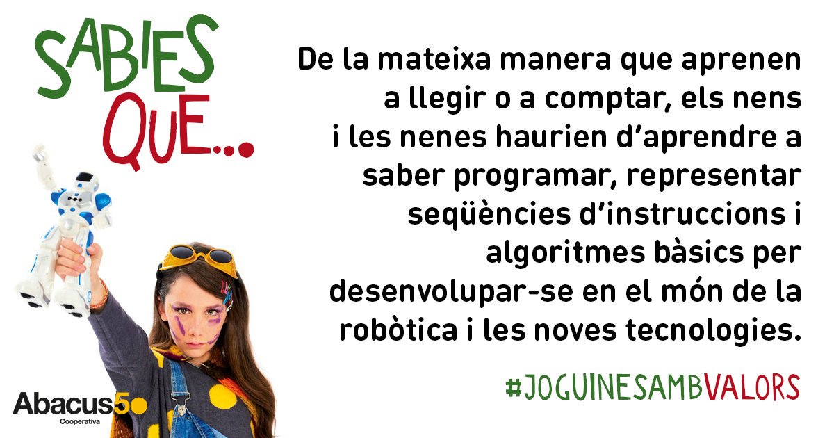 abacus_botigues's tweet photo. 💡 Sabies que...
De la mateixa manera que aprenen a llegir o a comptar, els infants haurien d'aprendre a saber #programar, representar seqüències d'instruccions i #algoritmes per desenvolupar-se en el món de la #robòtica i les #novestecnologies.

Abacus, #joguinesambvalors! 💪 https://t.co/9MSDMKBkGI