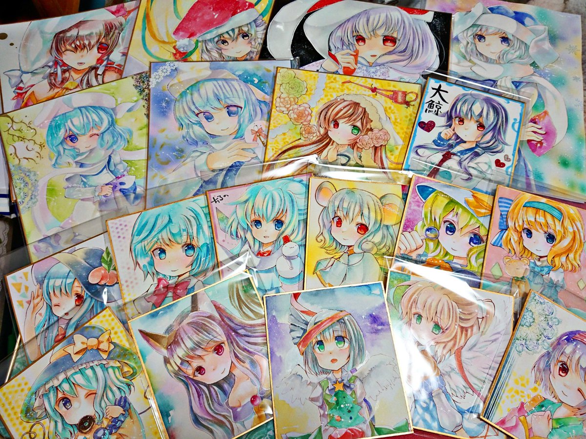 コミケ色紙集合写真。コピック、カラーインク、水彩 大色紙…霊夢