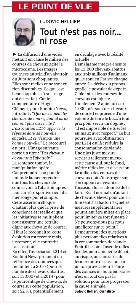 T_Alizard's tweet photo. #lepointdevue dans le #journal hippique @Paris_Turf du #journaliste  Ludovic Hellier par rapport à la vidéo de @konbininews avec @hugoclement « Que deviennent les chevaux de course quand ils ne courent plus assez vite ? » @l214 https://t.co/q993gPDGEy