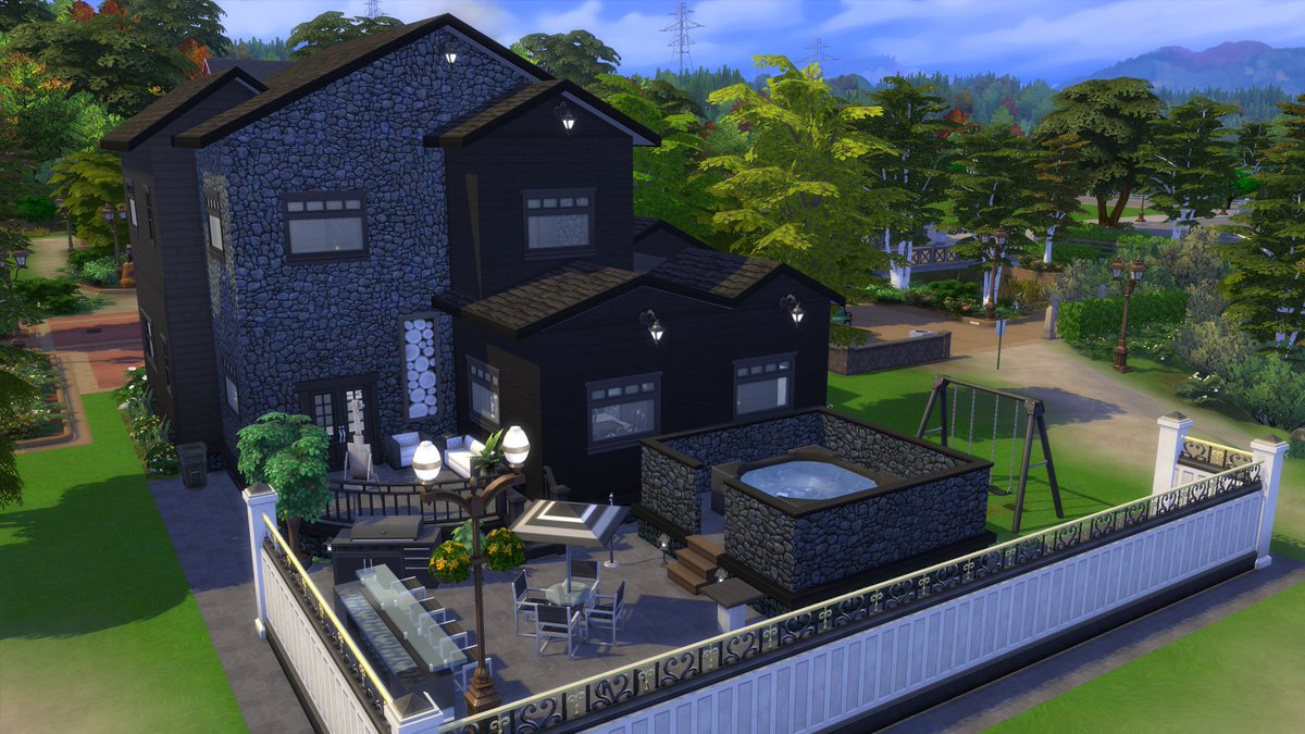 A family home created in The Sims 4, from behind.