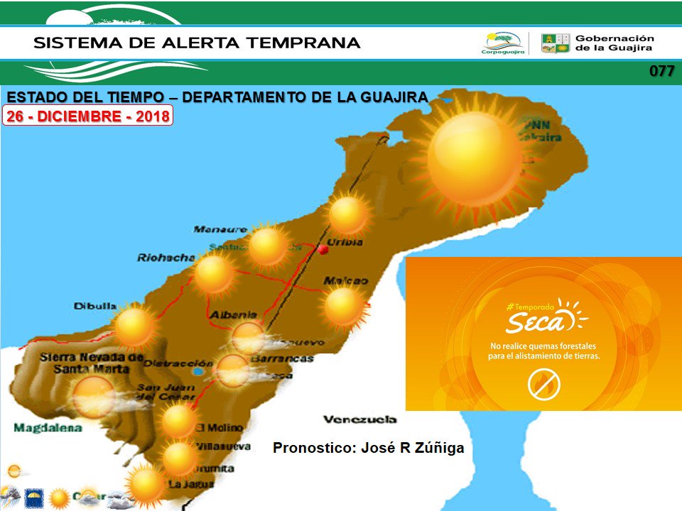 satguajira's tweet photo. PREDOMINIO DE TIEMPO SECO HOY EN LA GUAJIRA CON CIELO TOTALMENTE SOLEADO TEMP. MÁX DE 32°C Y VIENTOS DE 31 KM/H Y RÁFAGAS HASTA DE 70 KM/H. https://t.co/CDwt8H8qhJ