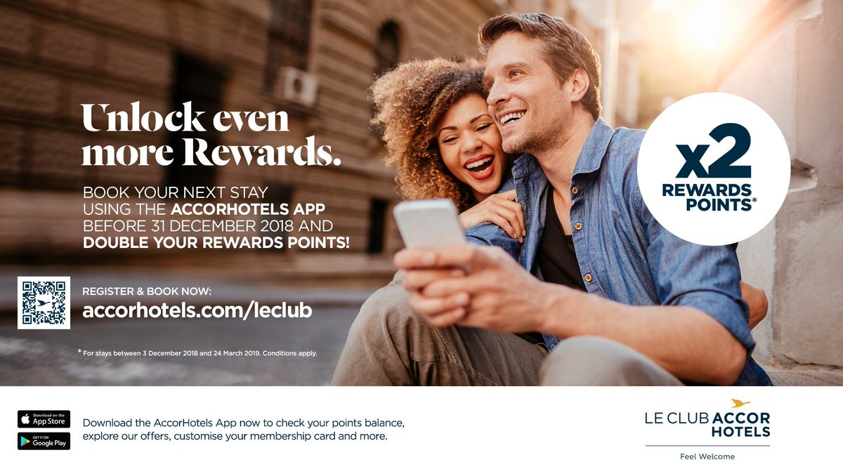 Make every trip a joy by exploring all the different services the AccorHotels app offers. Plus, with this limited time offer you can double your Rewards points* by booking your next stay via the app!

6 days left to enjoy the rewards!

Further details: bit.ly/2BT1Z3u