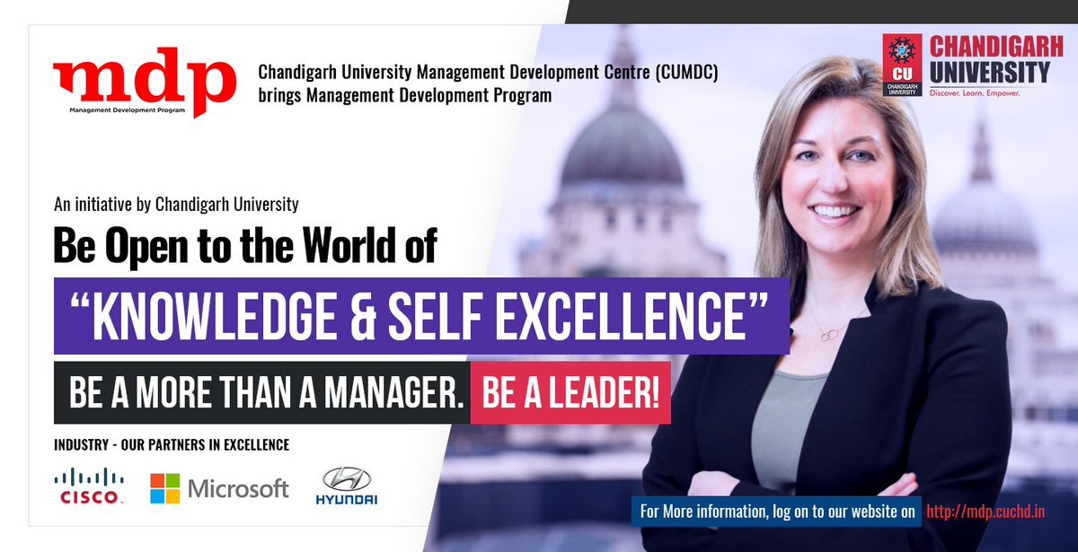 Chandigarh_uni's tweet image. Be More than a Manager, Be a Leader!

Spearhead the world with #ManagementDevelopmentProgram (MDP) by #ChandigarhUniversity. 

Visit mdp.cuchd.in for more details. 

#CU #ThinkCU #ManagementDevelopmentCenter #MDP