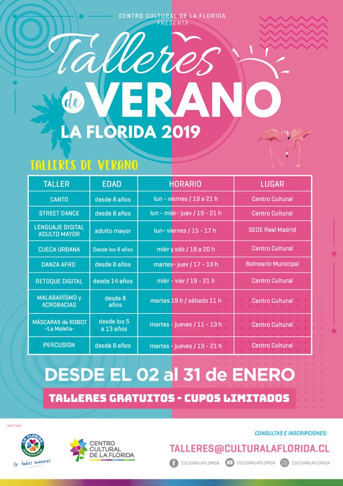 MuniLaFlorida's tweet photo. Porque el verano está para entretenernos, te invitamos a los talleres que @CulturaFlorida tiene para ti en el mes de enero 🙌💃Para inscribirte debes enviar un correo a Talleres@culturalaflorida.cl 😁
#MuniLaFlorida #AlcaldeRodolfo #CulturaLaFlorida https://t.co/0byP0GW7TZ