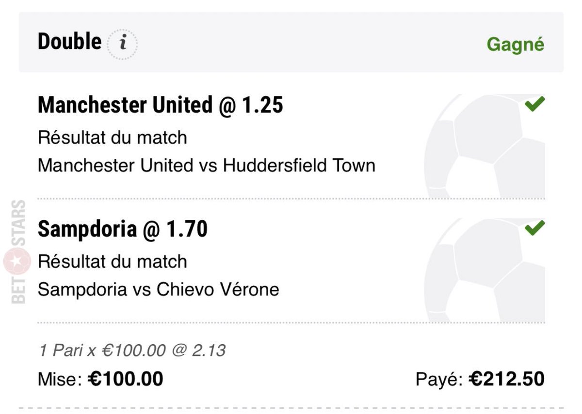doumefoot's tweet image. Voilà le ticket du jour 

Sampdoria + man u ✅

Cote 2.13

Nous sommes en 17/19 ✅