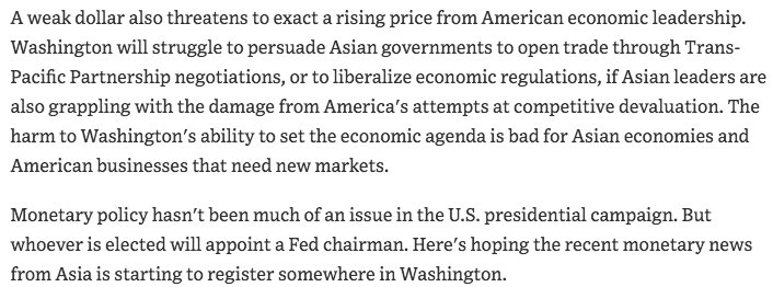 October 2012  https://www.wsj.com/articles/SB10001424052970203406404578072212347661802?mod=searchresults&page=1&pos=9"Washington will struggle to persuade Asian governments to open trade through Trans-Pacific Partnership negotiations...if Asian leaders are also grappling with the damage from America's attempts at competitive devaluation."