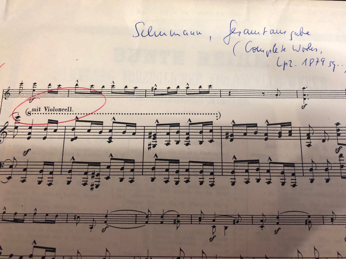 As I work on my (new) arrangement for cello of Schumann’s 2nd violin sonata, and practise my old arrangement of the 3rd, it’s nice to have this evidence, from the 1st sonata in the 1879 complete Schumann edition, that the sonatas would have been played on the cello in those days.