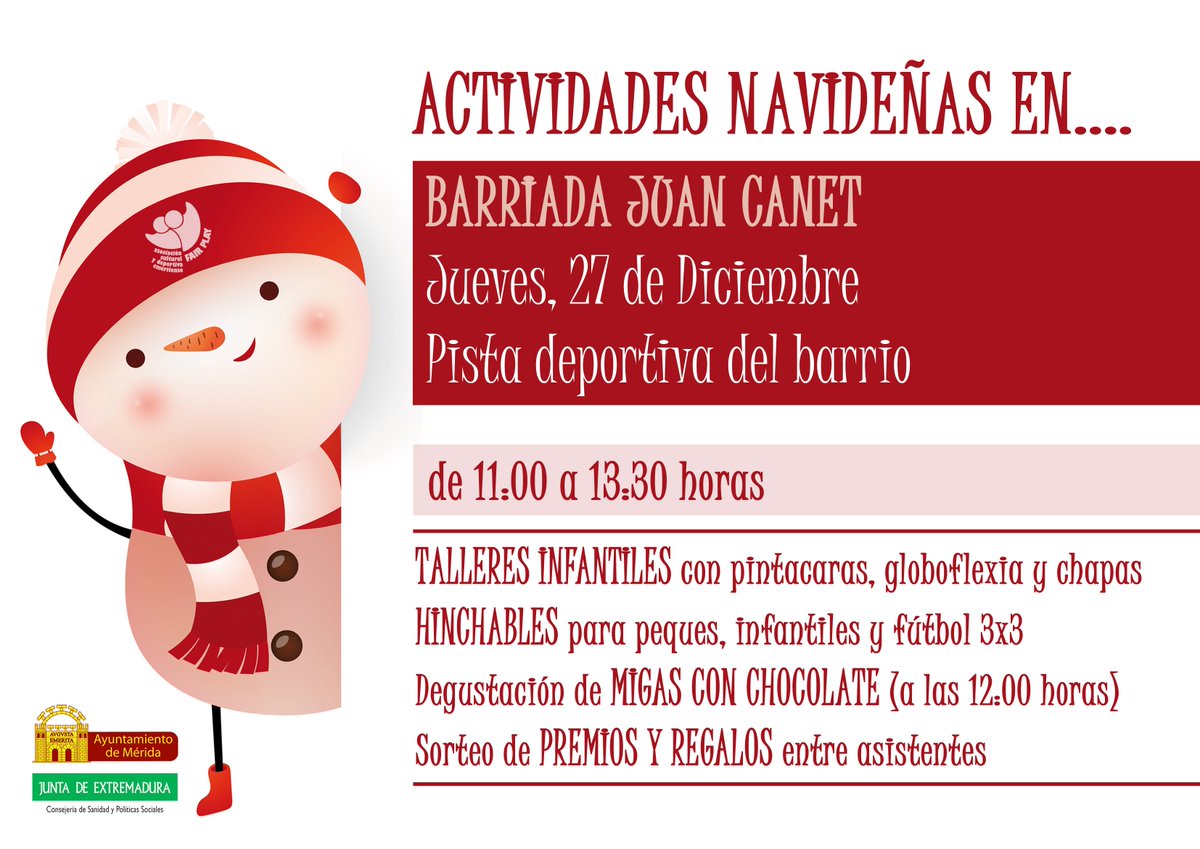 ACDE_FairPlay's tweet photo. 📣Esta mañana hemos iniciado actividades #navideñas en la Bda. Cruzcampo. Siguientes barrios @ayto_merida que visitamos:
🗓️jueves, 27/12: pista Juan Canet
🗓️viernes, 28/12: plaza San Lázaro
Talleres, hinchables, regalos, sorteos y migas con chocolate para todos/as.
¡Os esperamos! https://t.co/aezztouHN9