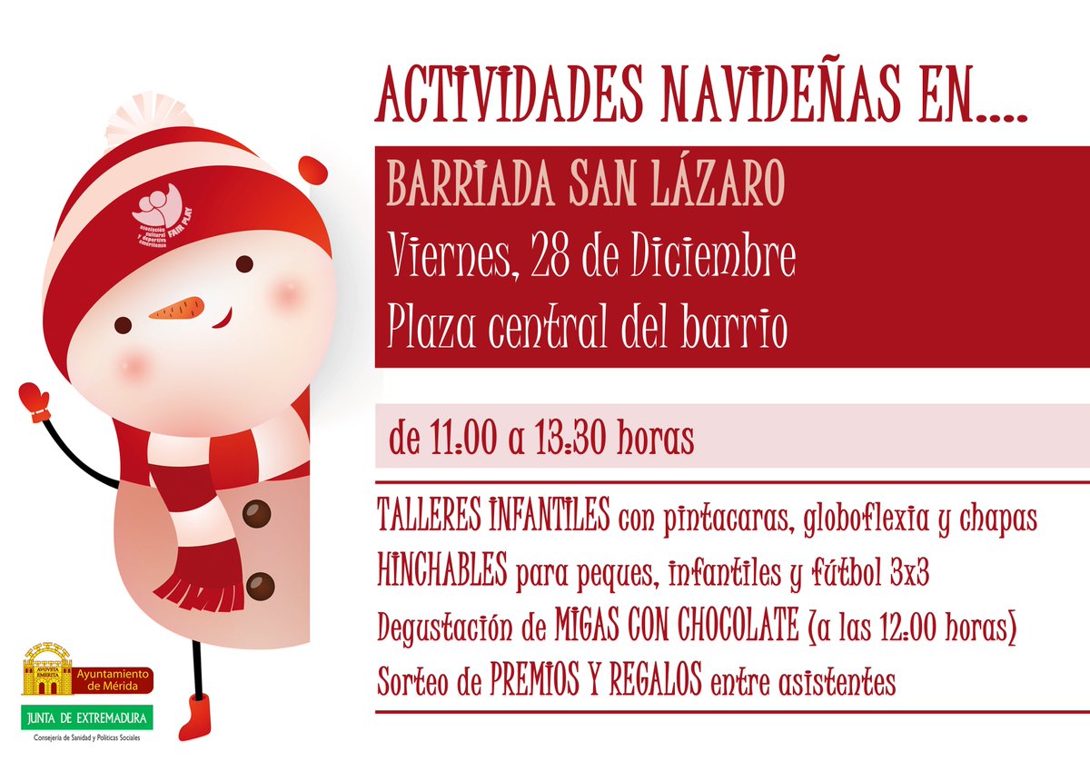 ACDE_FairPlay's tweet photo. 📣Esta mañana hemos iniciado actividades #navideñas en la Bda. Cruzcampo. Siguientes barrios @ayto_merida que visitamos:
🗓️jueves, 27/12: pista Juan Canet
🗓️viernes, 28/12: plaza San Lázaro
Talleres, hinchables, regalos, sorteos y migas con chocolate para todos/as.
¡Os esperamos! https://t.co/aezztouHN9