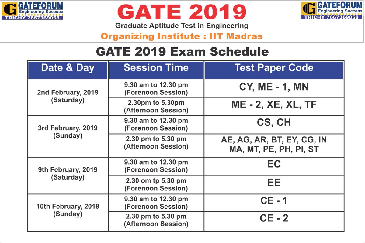GATEFORUMTRICHY's tweet photo. ALL THE BEST TO GATE19 ASPIRANTS!!!
 GATE Exam dates have announced by IITMadras.
 Gear-up your GATE 19 Exam preparation
 #gatecoaching #bestgatecoaching #gate2019
 #bestresultingate #gateforpsu #gateforumtrichy
 #gateonlinetestseries https://t.co/8DHC258YGf