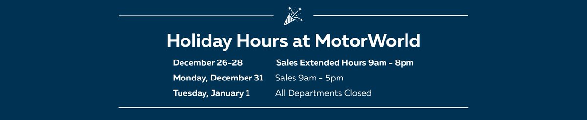 MotorWorldMO's tweet photo. We look forward to seeing you in our showrooms before the end of the year. Here are MotorWorld's hours of operation for the rest of 2018 and New Year's Day 2019. https://t.co/iAPW1mmpD1