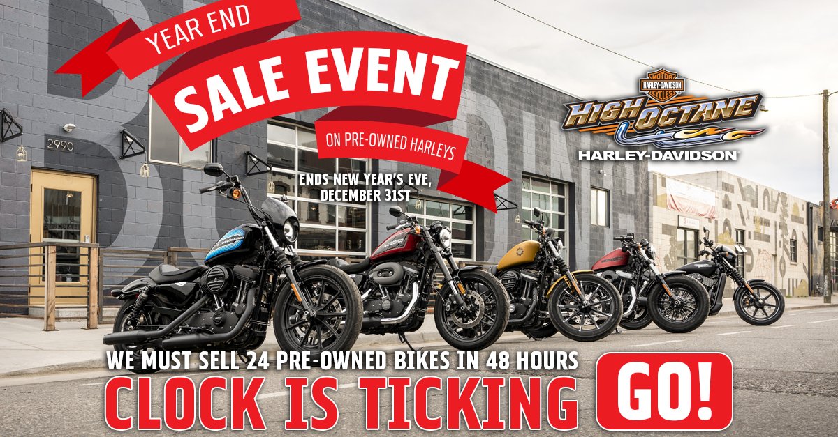 HighOctaneHD's tweet photo. The ⏰ is ticking and time is running out! Year End Sale Event on Pre-owned Harleys @HighOctaneHD in Billerica til 12/31 at 3pm! This weekend 24 used Harleys MUST GO in the last 48 hours of the year! https://t.co/ssaLpYoi0N https://t.co/vLsVvZT0MA