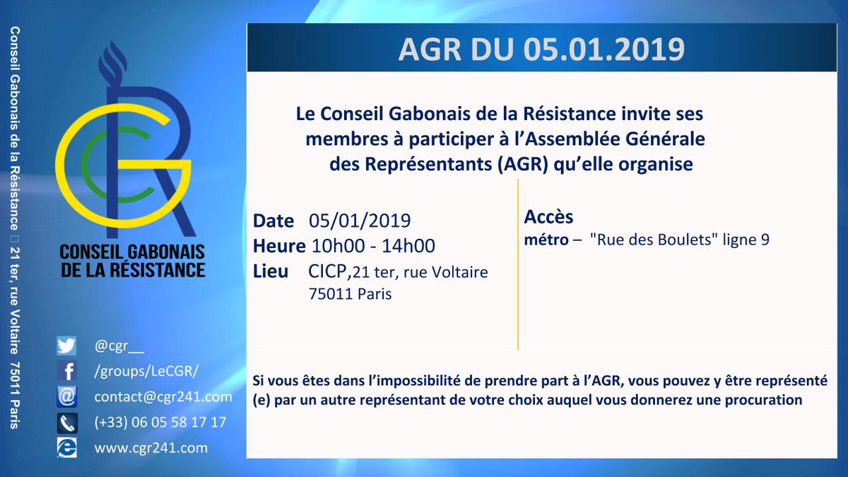 Le Bureau de Coordination à le plaisir d'informer l'ensemble des résistants et notamment ses adhérents de l'organisation de l’Assemblée Générale des Représentants (AGR) fixée le 5/01/19 de 10h à 14h au CICP cis au 21 ter, rue Voltaire 75011 #Paris.
cgr241.com/cgr-cpress-201…