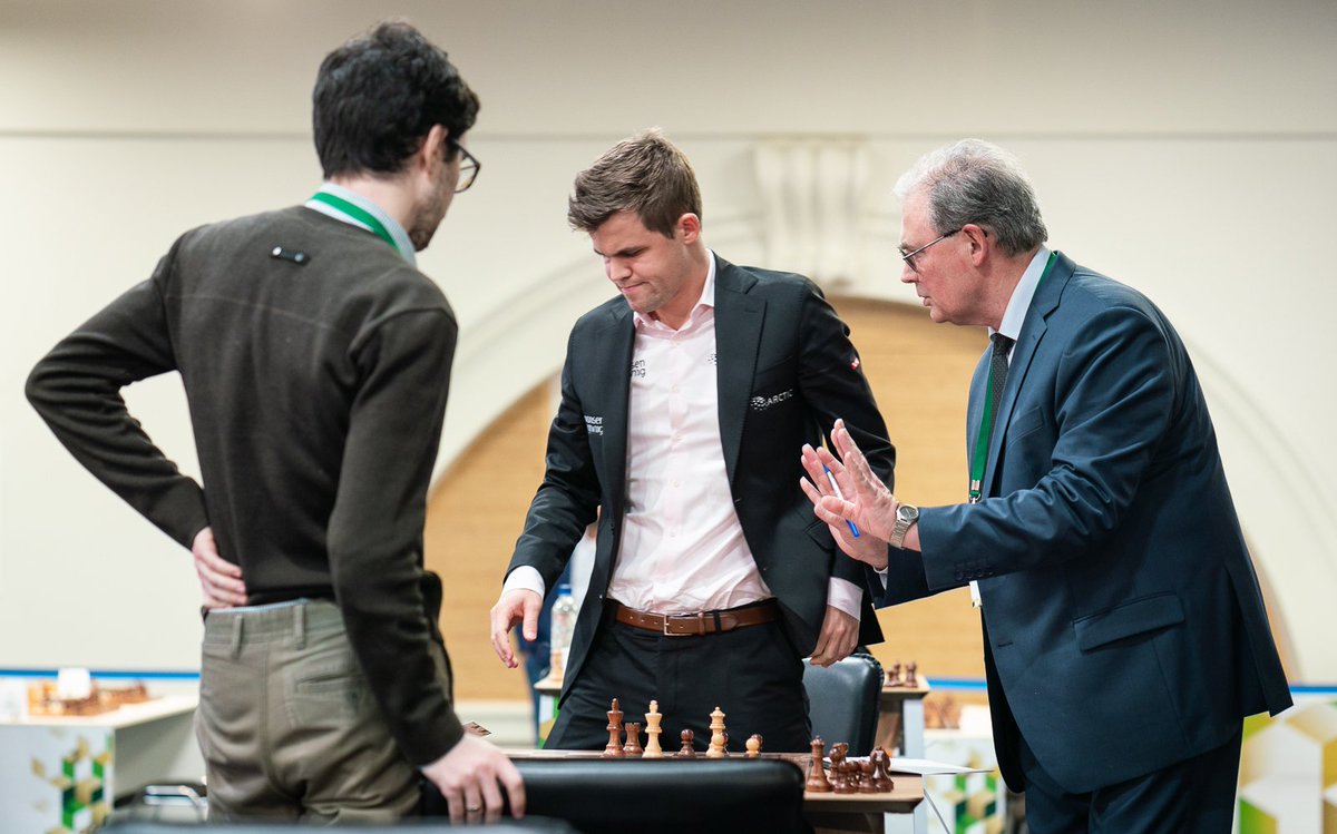 LennartOotes's tweet photo. .@MagnusCarlsen's first round opponent Adam Tukhaev told the World Champion before the game that he has mixed feelings about this pairing as he has picked Magnus for his @Chessdraft team. https://t.co/N6TOZKZ9PE