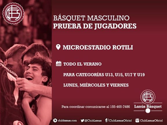 📣 ATENCIÓN ! Pruebas para formar parte de los equipos U13, U15, U17 y U19 de nuestras inferiores ⛹💪

Toda la info en la foto ⬇

📸 <a href="/clublanus/">Club Lanús</a>