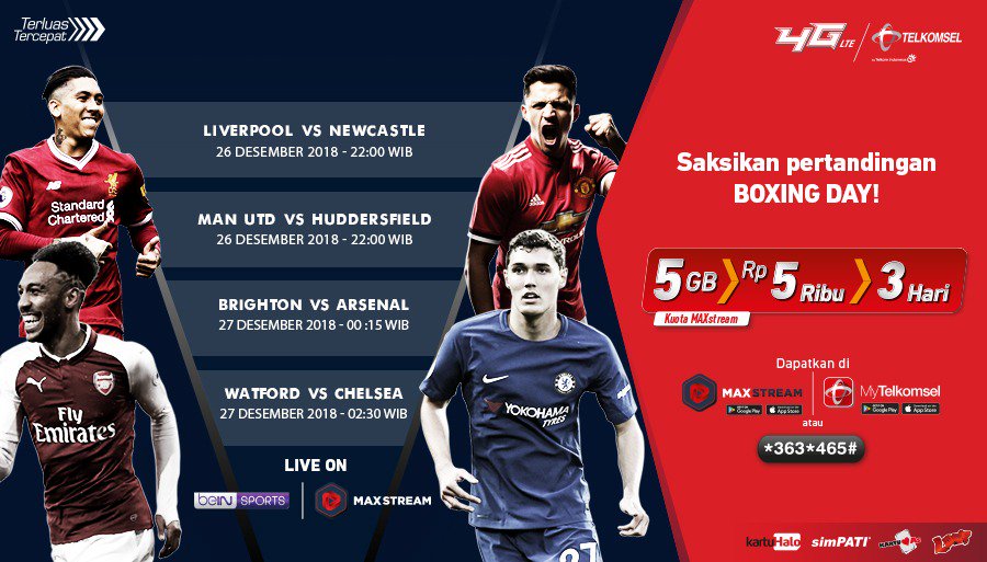 Telkomsel's tweet photo. Saksikan Boxing Day Premier League di aplikasi MAXstream untuk dukung para pemain favorit kamu minggu ini! Yuk, aktifkan paket #MAXstreambeIN di https://t.co/JEs7QGfYGn dan ajak teman-teman kamu nonton bareng ya! https://t.co/U48ESkz6Dh