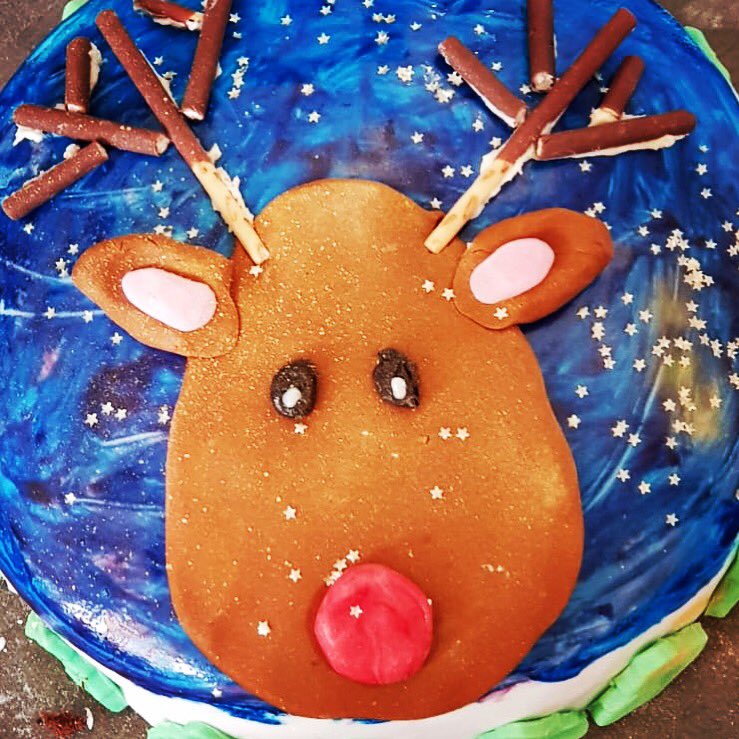 BrumTum1's tweet photo. First time my eldest has seen a bake through without getting bored mid-creation and so proud of the results #christmascake #cake #rudolph #kidsbake #brumtum https://t.co/o55hgcqEL5
