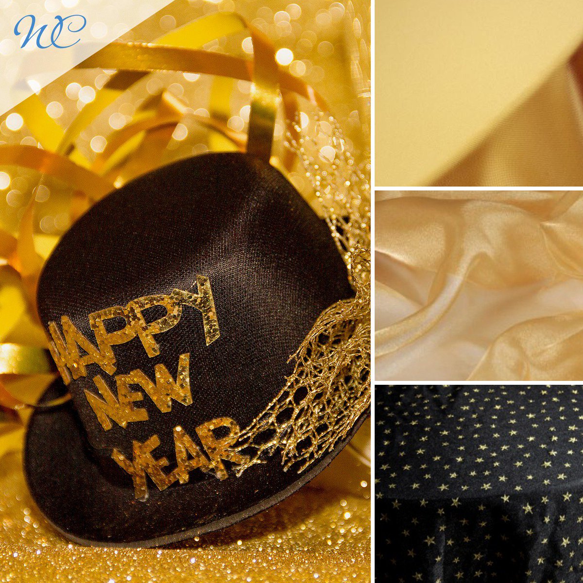 Ring in the #NewYear in style! Black #linens paired with gold, like our Windy City Linen Sparkle Sheer or Soiree textiles, truly capture the essence of the new year and all the shiny new opportunities 2019 has in store. Add an extra special touch by adding our Gold Star linens!