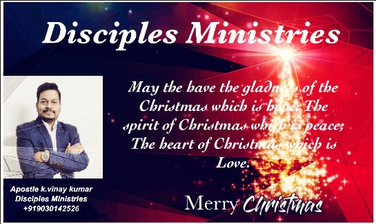 arysjohn's tweet photo. https://t.co/AsmEJkpLql
#Merry_Christmas ... !
May the have the gladness of the Christmas which is hope; The spirit of Christmas which is peace; The heart of Christmas which is Love.
#Apostle_k_vinay_kumar
#Disciples_Ministries +919030142526 https://t.co/yphGfA1KNe