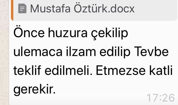 Tefsir profesörü Mustafa Öztürk ile ilgili konu bir grup tanınmış ilahiyatçının whasapp grubunda tartışılıyor. Adı bende saklı bir ilahiyat doktoru, Öztürk için “Ulema sorgulasın. Tövbe etmezse katledilmeli” diye fetva vermiş. Acaba IŞİD akademide örgütlendi de haberimiz mi yok?