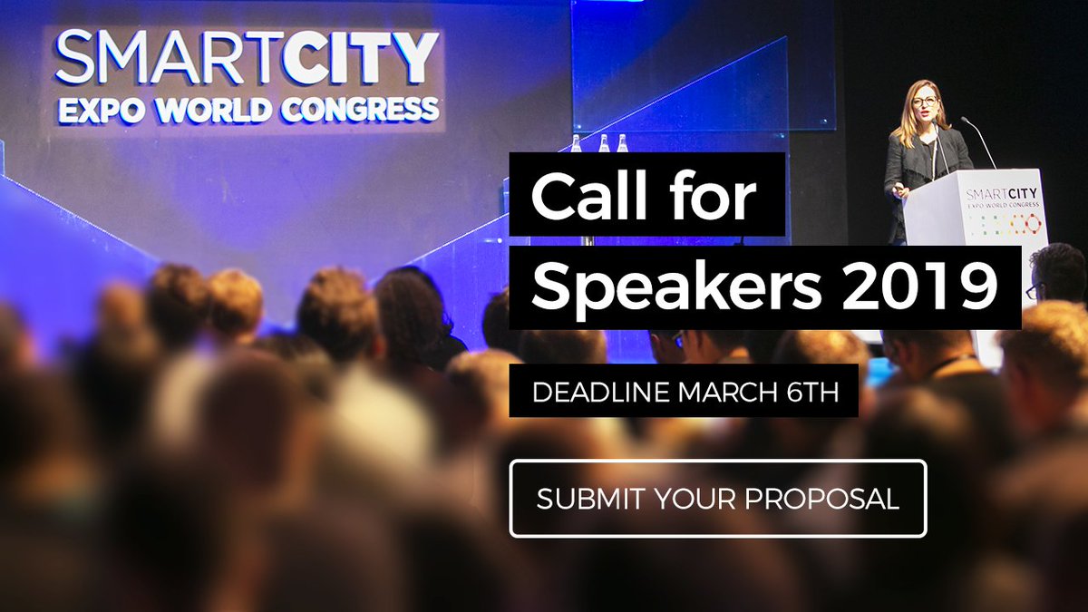 SmartCityexpo's tweet photo. #CallForSpeakers is open! Don't miss the chance to be a speaker at the world's leading #smartcity event. 
👉Submit before March 6 2019. 
https://t.co/Q98WKDmQwu 
#SCEWC19 https://t.co/Hat2zazadj