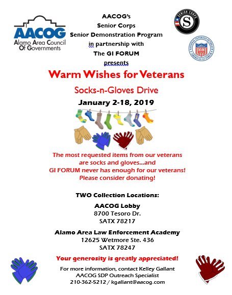 AlamoAreaCOG's tweet photo. The most requested items from our veterans are socks and gloves and the American GI Forum never has enough. That's why we have partnered up with the @AGIFNVOP 
Please consider #donating! Find out more here --> https://t.co/eZCIBSrweF https://t.co/sp5aRnBJLt