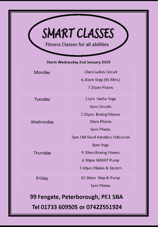 SMARTClasses4's tweet image. Classes start Wednesday 2nd January 2019 #Peterborough #Fitness #workout #payasyougo #99Fengate #pilates #Yoga #pump #weightedworkout #aerobics #healthandfitness #boxingfitness #boxfit #burncalories #NewYearsResolution