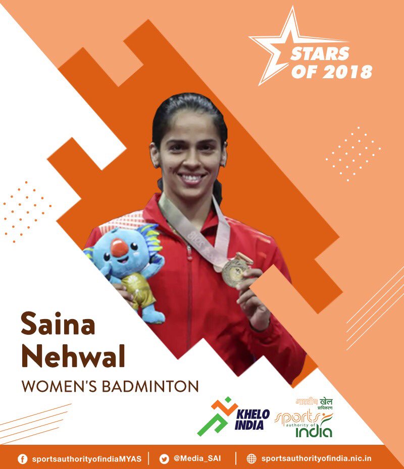 Media_SAI's tweet photo. .@NSaina won a gold in women’s singles at 2018 CWG for the 2nd time.She also won a bronze at the Asian Games, her 1st ever AG medal.Her achievements having overcome a career-threatening knee injury is testament to her champion spirit. #StarsOf2018⭐️
@BAI_Media #KheloIndia🇮🇳🏸 https://t.co/YLDgLgIhjU