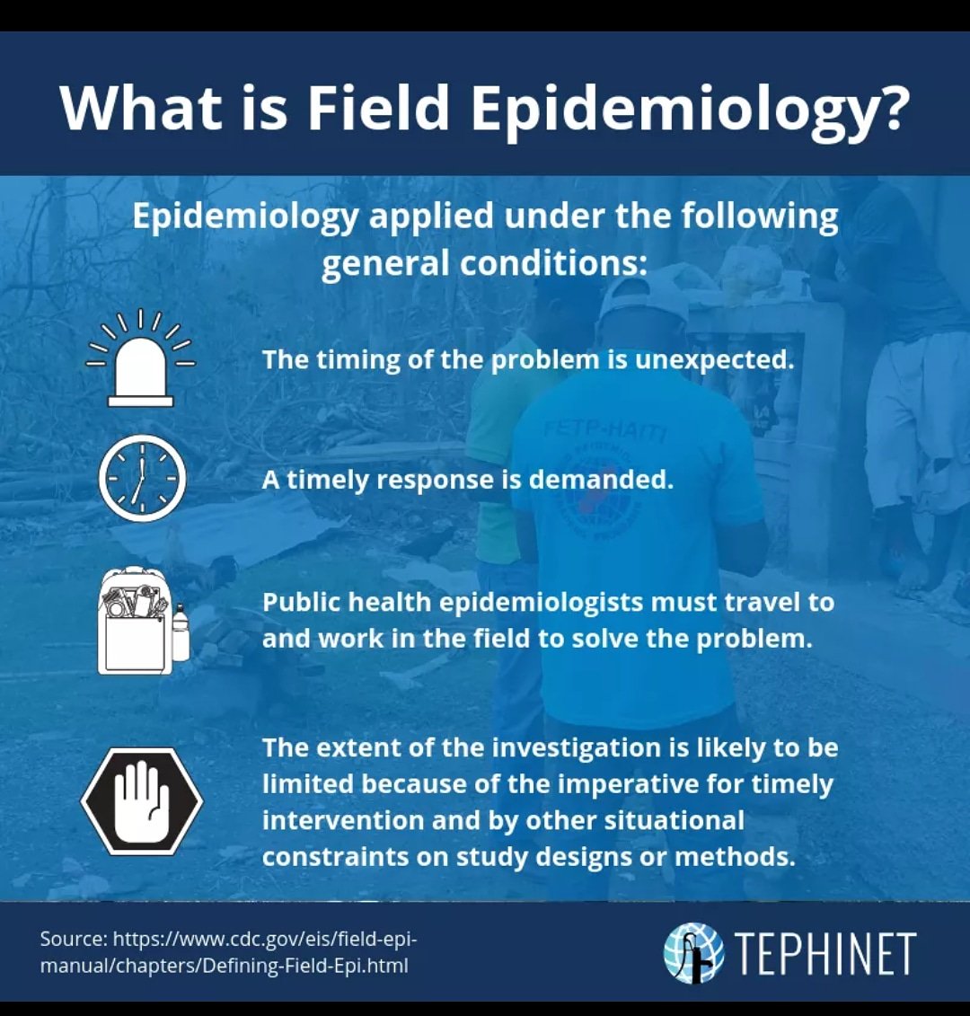 Defining field epidemiology--excerpted from the CDC Field Epidemiology Manual chapter of the same name: 

cdc.gov/eis/field-epi-…

#FieldEpidemiology #FETP #FELTP #TEPHINET