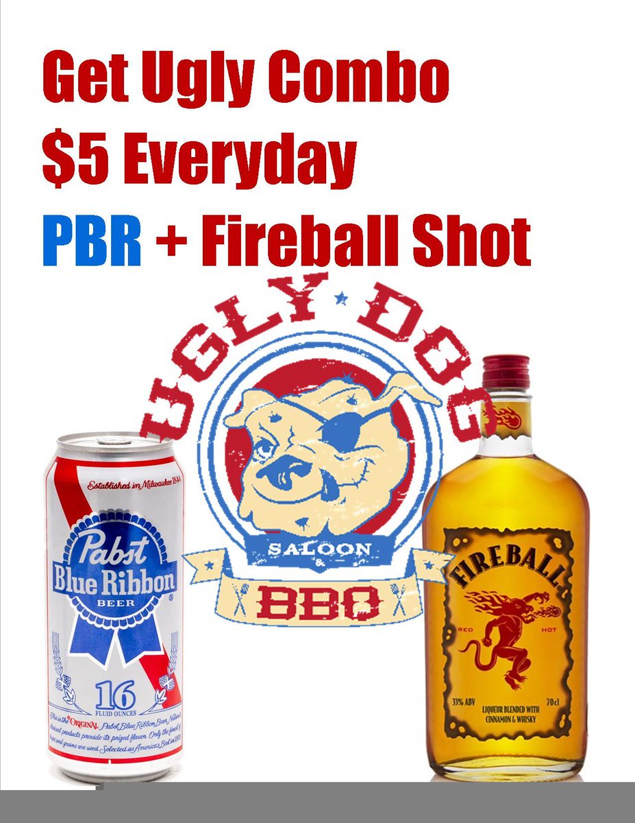 The Get Ugly combo is a 16oz PBR can a shot of Fireball only $5 Everyday. Sometimes you just want to #GetUgly