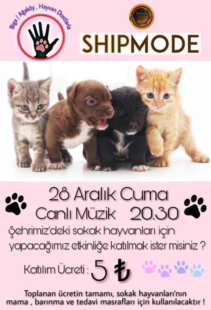 Minik dostlarımızı bu soğuk kış günlerinde siz de mutlu etmek ister misiniz? Etkinlikte toplanan ücretin tamamı sokak hayvanları için harcanacaktır. Etkinlikte görüşmek dileğiyle💕😇 @bigacanlari