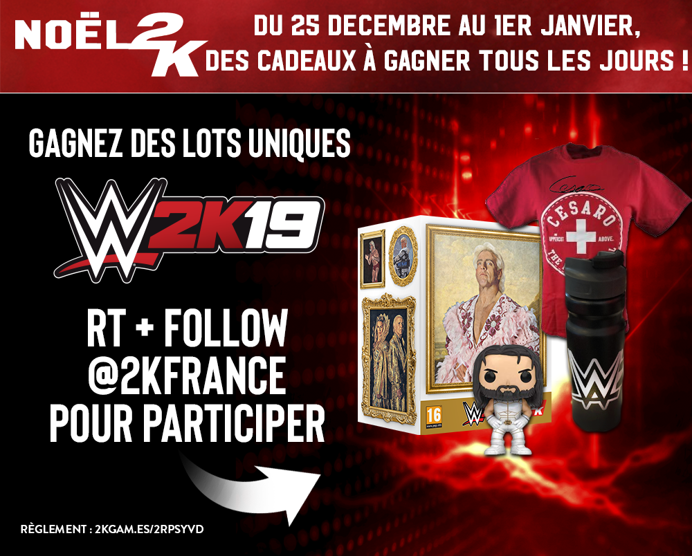 2KFrance's tweet photo. #Noël2K
🎄 26 décembre 🎄  

Suivez @2KFrance + RT ce tweet pour tenter de gagner un pack ultra collector WWE 2K19 !  

🎁 T-shirt dédicacé de Cesaro 😱
🎁 Une Wooooo Edition ! 
🎁 Funko Seth Rollins 
🎁 Gourde métallique WWE 2K19  

Règlement : https://t.co/ohg48cV20R https://t.co/vtxj77IJiW