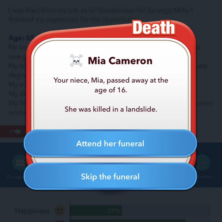 BLBullshittery's tweet photo. Tbh these young deaths of daughters and nieces are actually really sad- whether fictional or not. #bitlife https://t.co/beFFfPtYCn