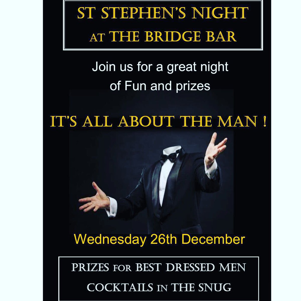 Tonight at the Bridge Bar “It’s All About The Man” 😍

Make sure you Dress to Impress 🤩

You can be in with a chance to win two tickets to the Heineken Champions Cup Match in Thomond park in Jan between Munster v Exeter 🏉

#Christmas 🎄
#AllAboutTheMan #BestDressed
#Competition