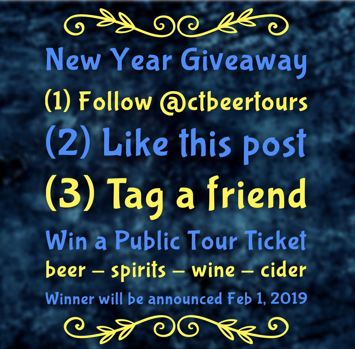 ctbeertours's tweet photo. New Year Giveaway - Enter to win a FREE public tour of your choosing by (1) Following @ctbeertours (2) Liking this post and (3) Tagging a friend. Contest will run throughout January. Winner will be announced Feb 1, 2019! #win #contest #free #ctbeer #ctwine #ctspirits #ctcider https://t.co/CsdRh6ykH9