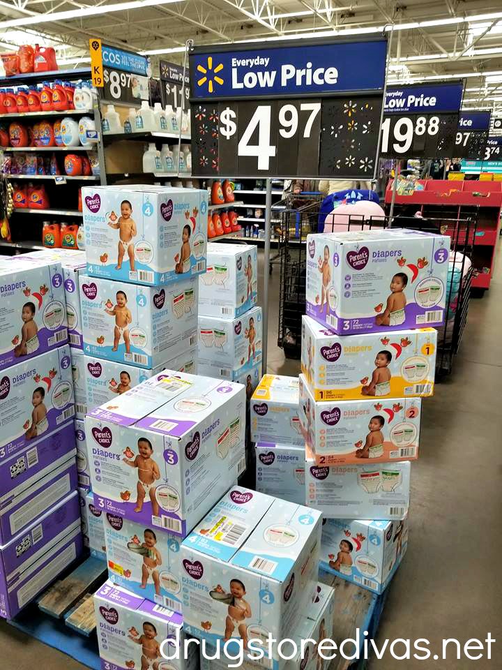 Diapers stacked in a Walmart.