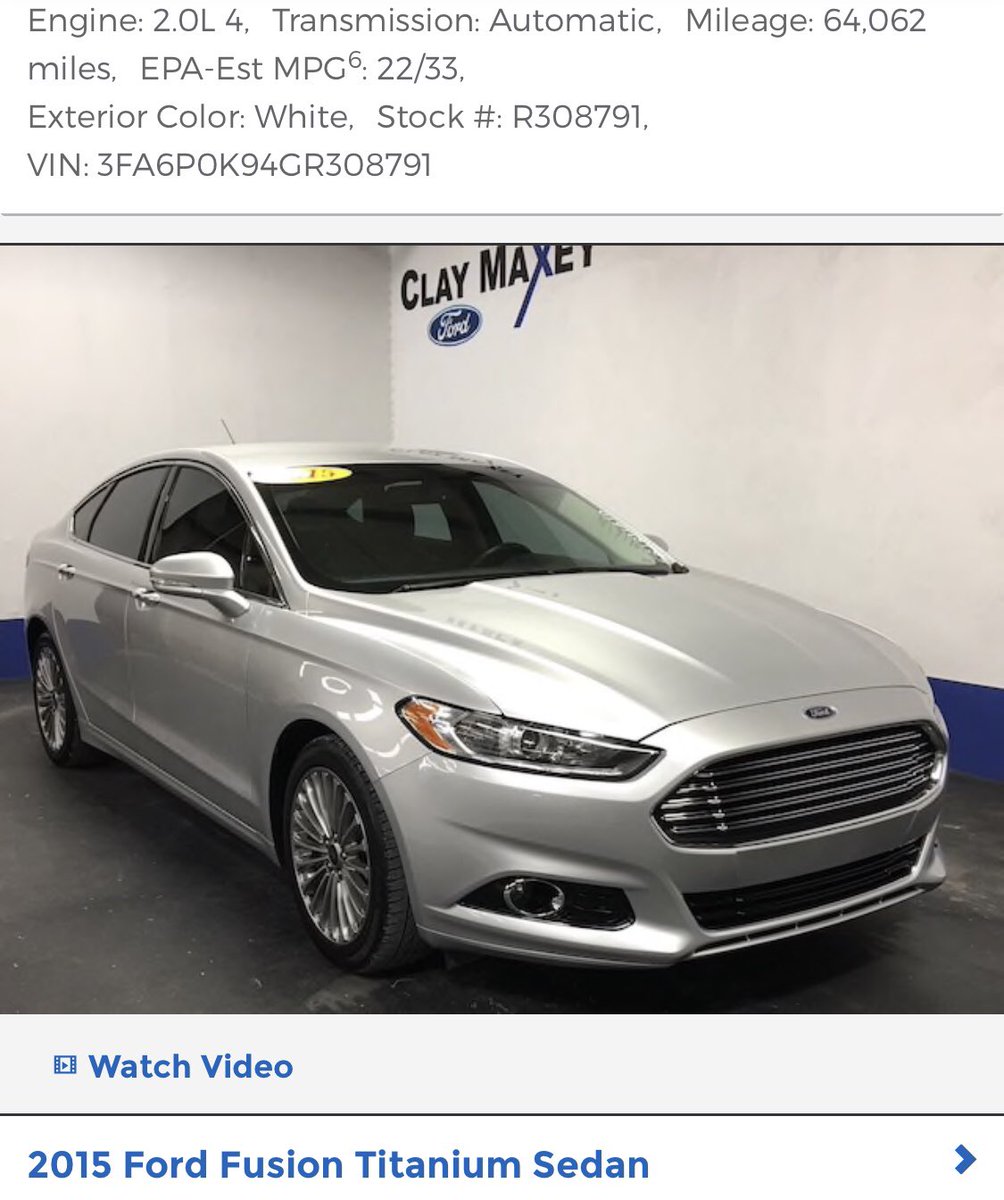 From Clay Maxey Deal of the Day! 15’ Fusion 96k miles $14,987 $266/mo. W.A.C. Titanium. Very nice.