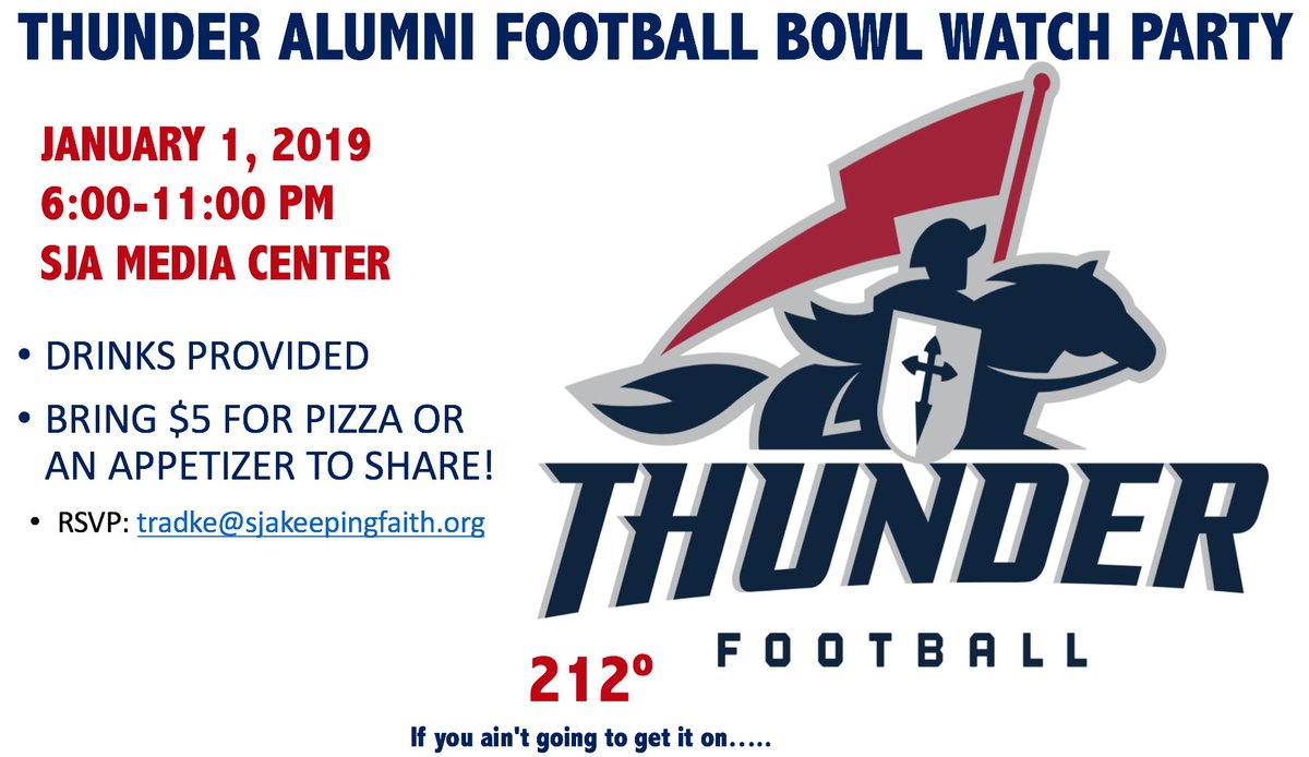 All SJA FB alumni please join us at the Alumni Bowl watch party on January 1st, 2019 in the media center. <a href="/SJAFOOTBALL/">St. James Football</a> <a href="/SJAFootballAlum/">SJA Football Alumni</a>
