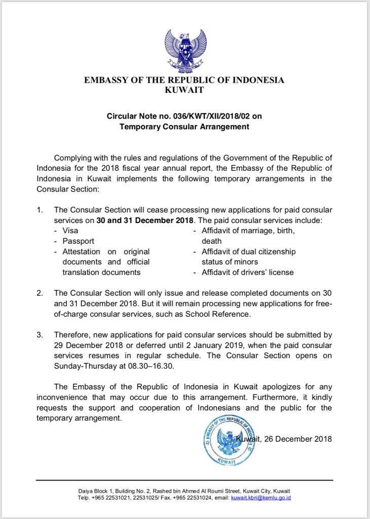 IndonesiaInKWT's tweet image. Pengaturan sementara layanan kekonsuleran #KBRIKuwait