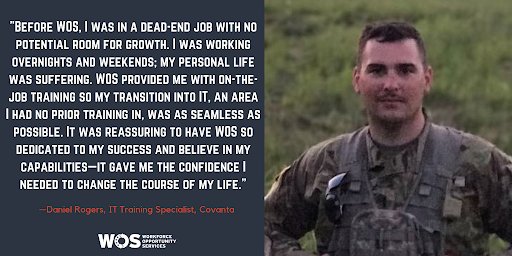 wforceorg's tweet photo. Give the gift of a new career and mentorship to a WOS consultant! Daniel Rogers was stuck in a job with no potential for growth. Then, he discovered WOS &amp; received training in IT, allowing him to become an IT Training Specialist at @Covanta. #WOSDifference https://t.co/oIYArXvb3F https://t.co/hLV1o8fOjb