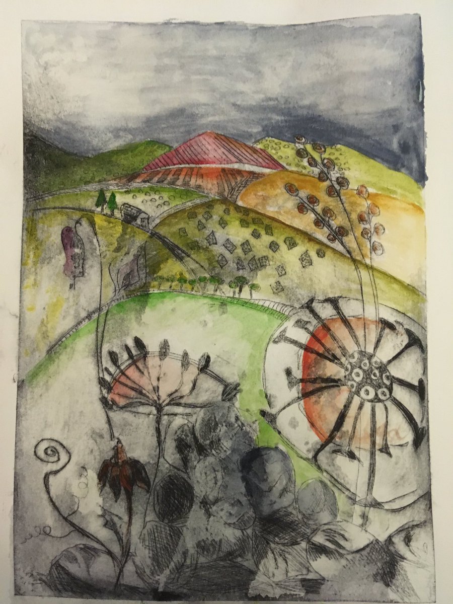 Tinayreart's tweet photo. Yorkshire landscape #mixmedia #yorkshire #yorkshirelandscape #drypoint #watercolor #original #printmaking #monotypeprintmaking #contemporaryart #art #artgallery #yorkshireartist #localartist #harrogate #artforsale #artoninstagram #wednesdayinspiration #boxingday https://t.co/AyLo8sqXFh