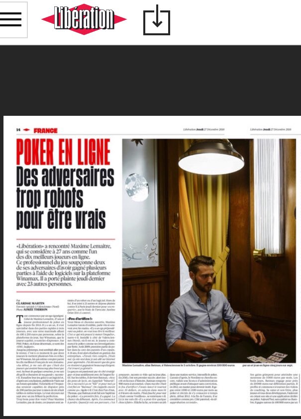 JackEight77's tweet photo. Intéressante double page dans le @libe de jeudi sur l’affaire de fraude qui oppose plusieurs gros joueurs d’Expressos (dont Batmax) à @Winamax #expressos @jetonsethommes @PokerNewsFrance @Club_Poker https://t.co/WNhjRCNT3I