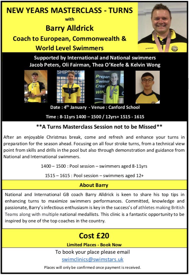 Swimstars_uk's tweet photo. Turns Masterclass - 4th Jan by Barry Alldrick &amp; supported by 4 National/International swimmers. Filling up fast so don't miss out. An excellent opportunity to refresh &amp; enhance skills in preparation for 2019
@PooleSwimming @SwimBCS @Seagulls_Swim @swimwestdorset @TornadoesDorset https://t.co/BHNU4XyaZh