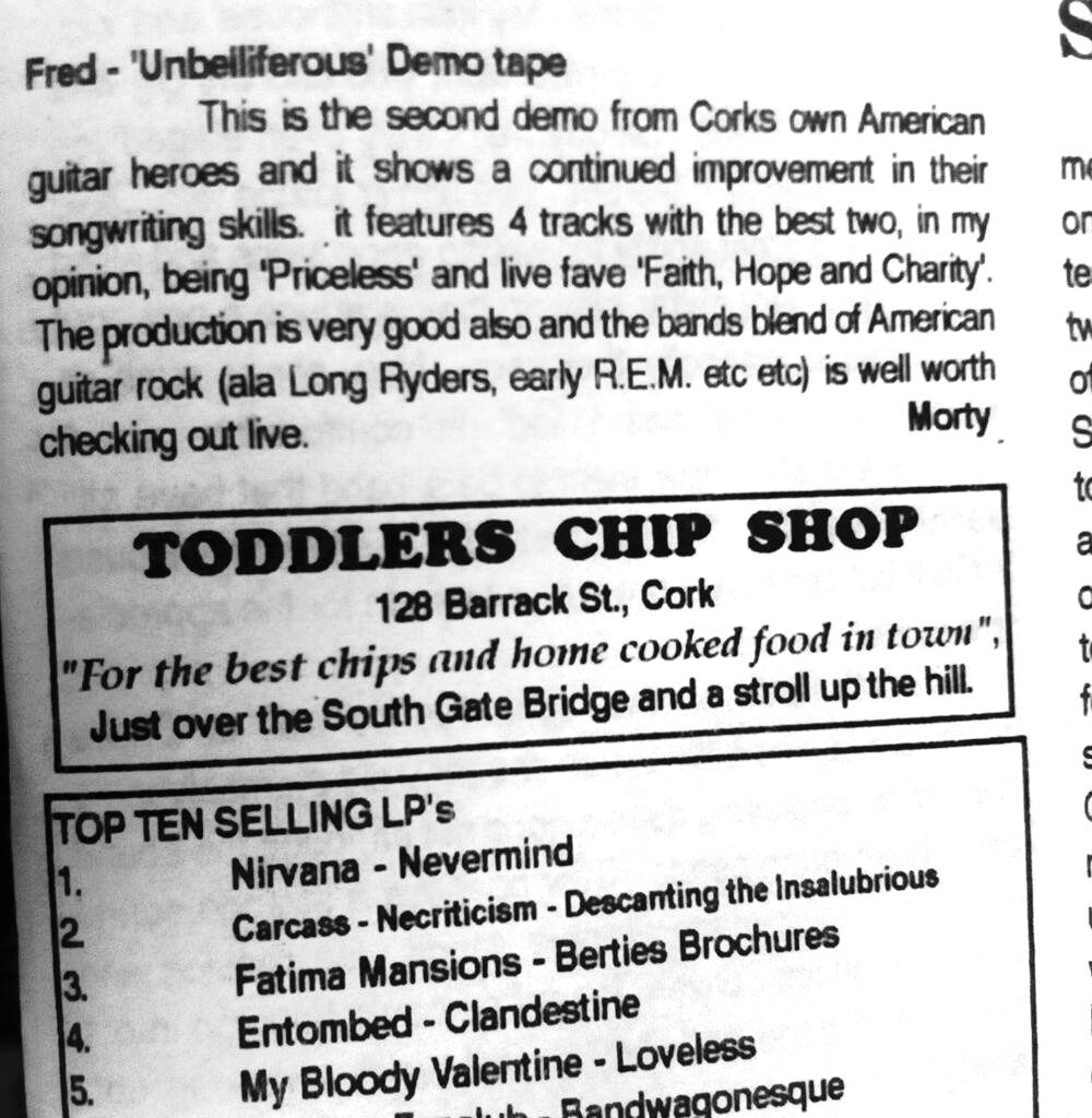 - Fred 'Unbelliferous' Demo Tape
- Top Ten Selling LPs
- Toddlers Chip Shop; "Just over the South Gate Bridge, and a stroll up the hill" (directions from Sir Henry's)

CHOC A BLOC 1991

#CorkZineArchive