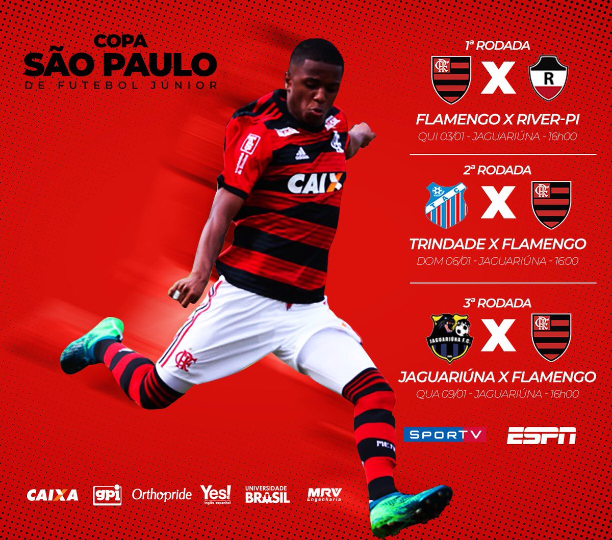 Flamengo's tweet photo. Os #GarotosDoNinho estão no grupo 15 da Copa São Paulo de Futebol Júnior 2019 e esses são os compromissos da primeira fase. Vamos, Flamengo! https://t.co/icRBpfd4hO